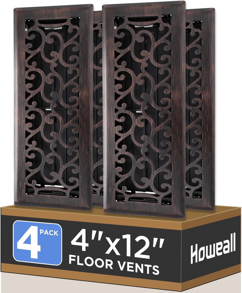 4x12 Inches 4 Pack Heavy Duty Walkable Floor Register - Easy Adjust Air Supply Lever Decorative Floor Vent Covers, Savannah Design Vent Covers for Home - Oil Rubbed Bronze