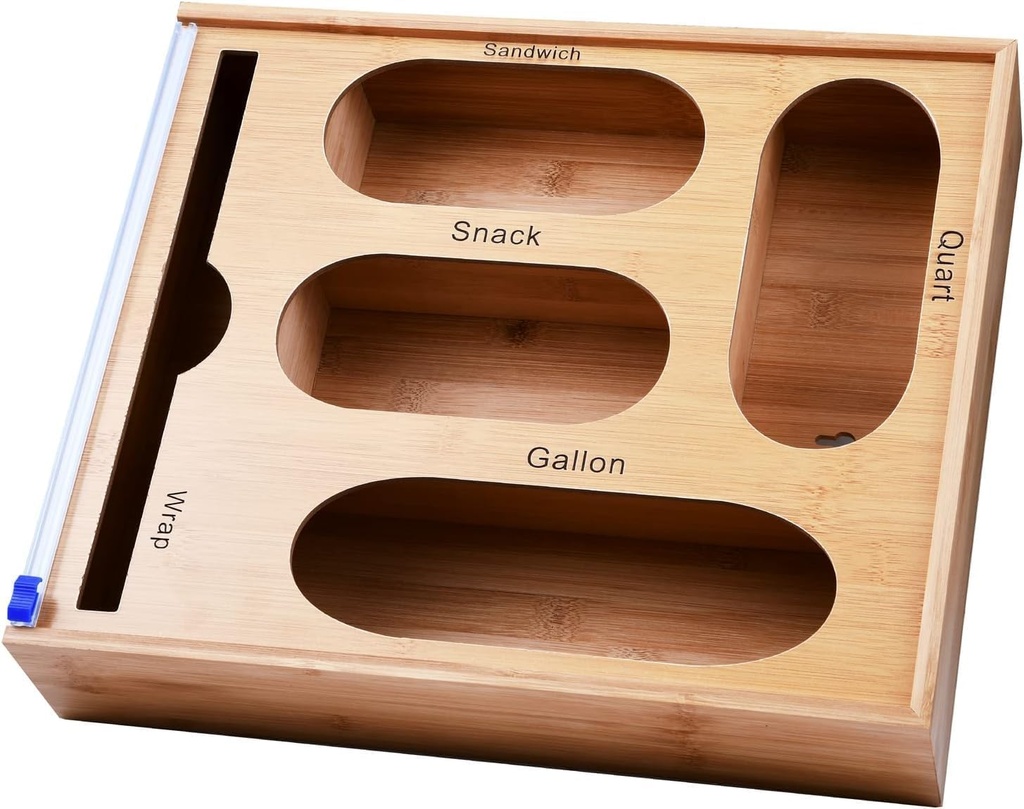 Generic MY RITA-Bamboo Organizer, Bag Storage Organizer for Drawer, Holder for Gallon, Quart, Snack Bag and Dispenser for Plastic Wrap, Aluminum Foil, Brown, CD001