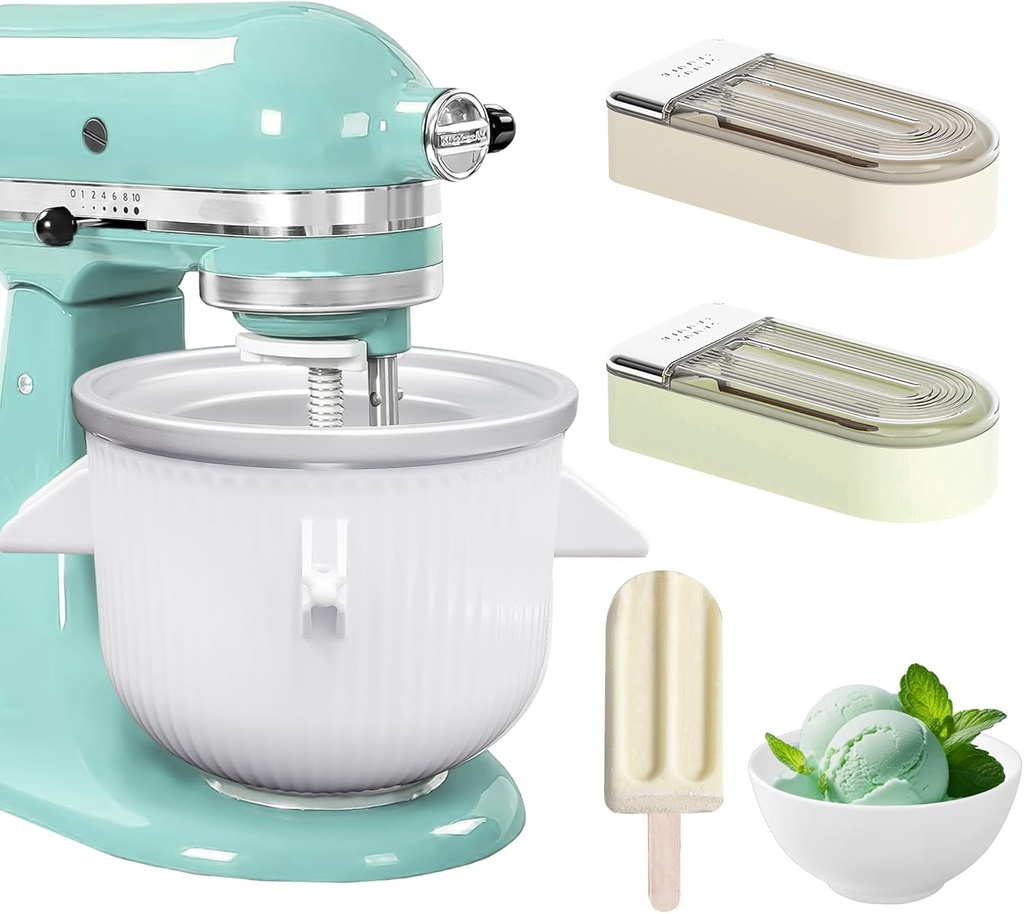 Ice Cream Maker Attachment for KitchenAid Stand Mixer,2 Quart Ice Cream Bowl Compatible with 4.5Qt and Larger Stand Mixers,Frozen Yogurt Ice Cream & Sorbet Gelato Maker with 2 Models by Aligat