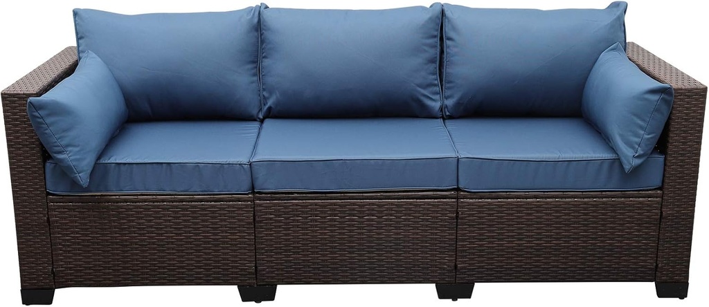 Rattaner 3-Seat Patio Wicker Sofa, Outdoor Rattan Couch Furniture Steel Frame with Furniture Cover and Deep Seat High Back, Blue Anti-Slip Cushion.