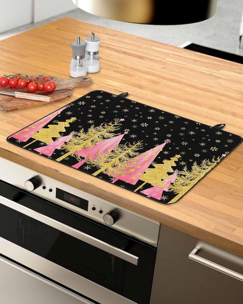 Christmas Countertop Burners Protection Mats for Kitchen, Christmas Tree Decoration Retro Pink Rubber Stove Top Cover Mat, Heat Proof Mats Cooktop Cover for Counter Dish Drying Mat, 31"x24"