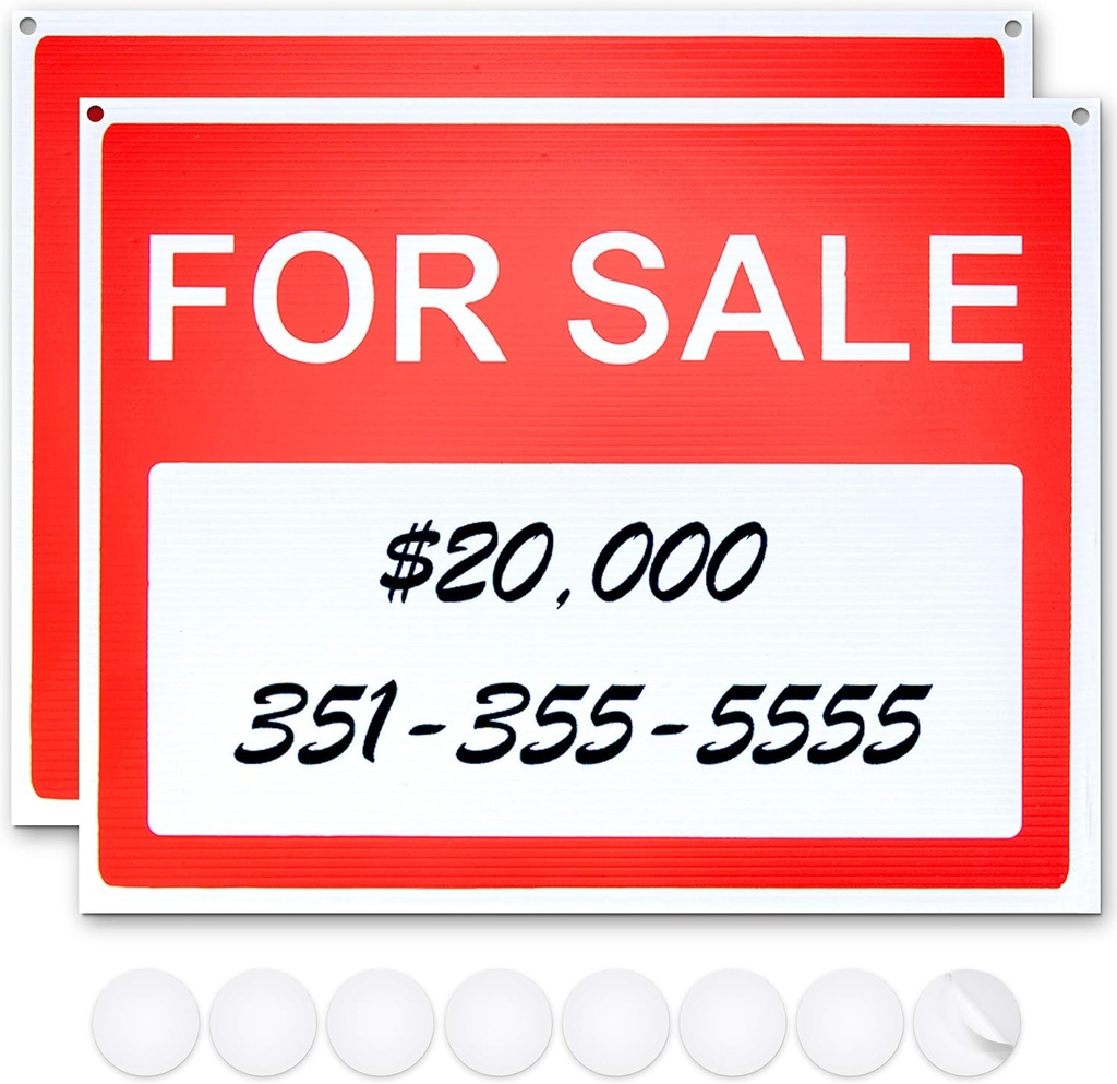 For Sale Signs For Vehicles - 2 Pack - 14.25" X 11.25" - 0.2" Thick - Ideal For Sale Sign for Garage, Yard, Home or Business or for use in Cars, Trucks or Other Vehicles - Includes 8 Double Sided Adhesives