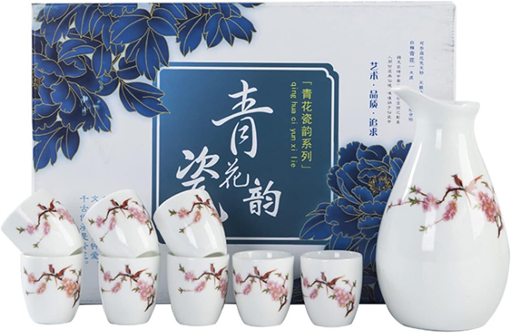 Sake Set 9 Piece Japanese Sake Cup Set - Traditional Hand Painted Design Porcelain Pottery Ceramic Cups Crafts Wine Glasses,Style Two Cups(Style Two)