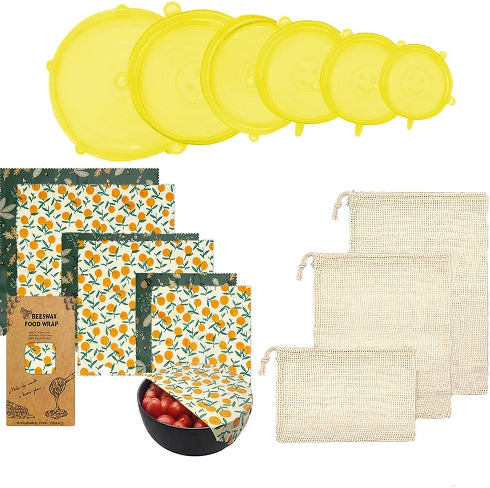 Reusable Beeswax Food Wrap- Silicone Stretch Lids - Reusable Produce Bags, Eco Friendly Food Storage, Dishwasher & Freezer Safe, Reusable Grocery Bag for Storage, 15 Pack (6 Wrap 3 Bags 6 Lids)