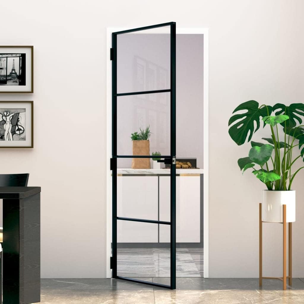 Interior Door with Tempered Glass Panels and Aluminum Frame, Modern Design, Black and Transparent, 29.9" x 79.3"