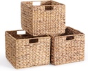 12X12X10in Water Hyacinth Storage Baskets, Wicker Storage Cubes Set of 3, Kitchen Baskets for Pantry Organization, Foldable Square Baskets for Shelves