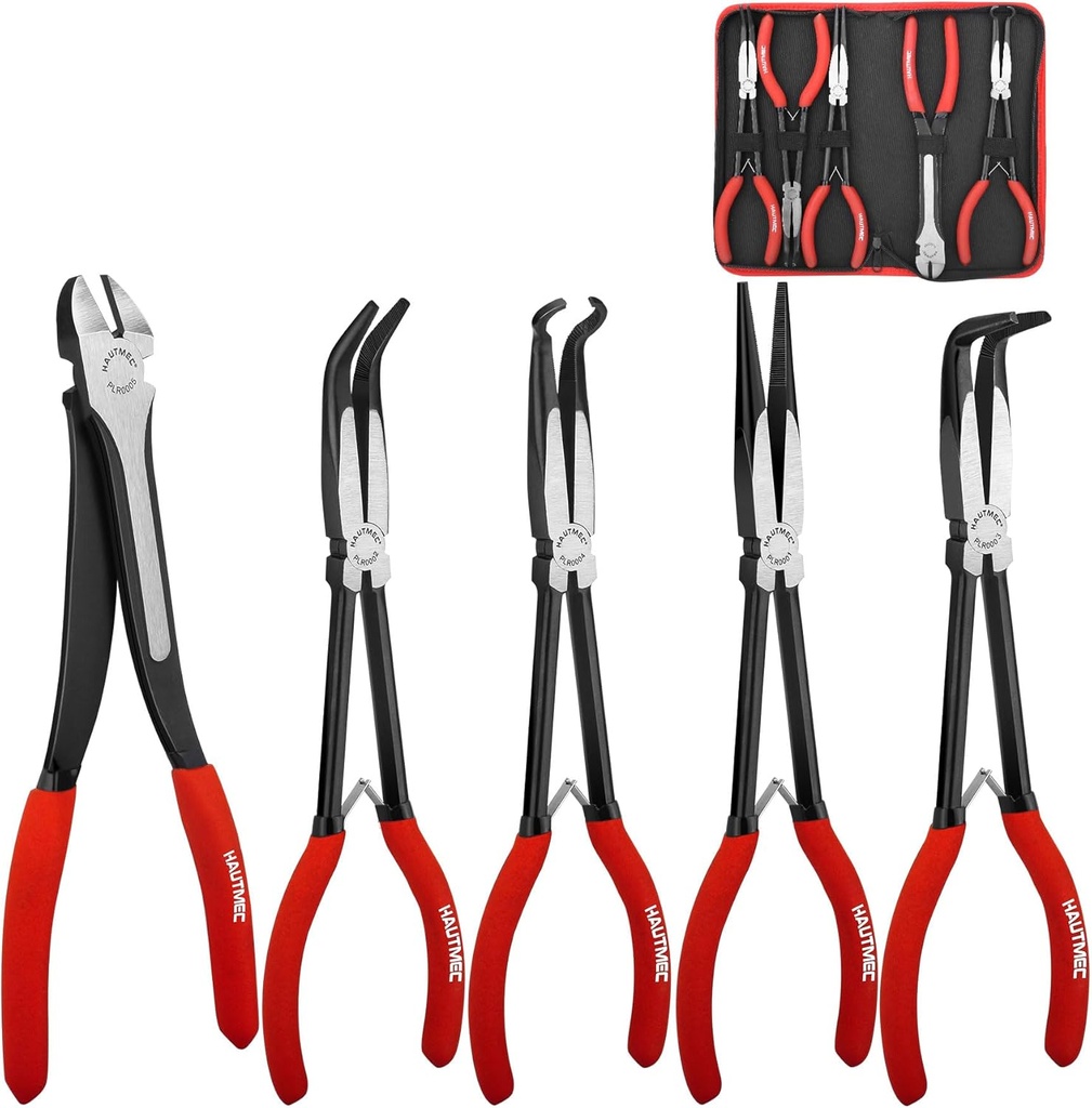 HAUTMEC 11Inch Extra Long Needle Nose Pliers Set, 5PCS Spring Loaded Heavy Duty Long Reach Pliers Include Hose Grip and Diagonal Cutting Plier, Straight and 45/90 Degree Bent Nose Pliers