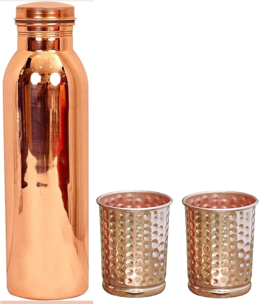 Pure Copper PLain Water Bottle With 2 Hammered Copper Glass Drinkware Set Copper Item Water Storage Item For Kitchen Use- Set Of 3 (1000 ML Bottle, 300 ML Glass)