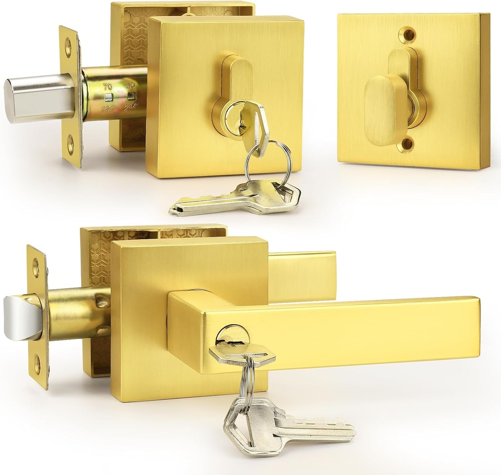Probrico Brushed Gold Exterior Door Locksets, Heavy Duty Square Keyed Alike Front Door Entry Handle and Single Cylinder Deadbolt Set, Satin Brass, 1Pack