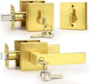 Probrico Brushed Gold Exterior Door Locksets, Heavy Duty Square Keyed Alike Front Door Entry Handle and Single Cylinder Deadbolt Set, Satin Brass, 1Pack