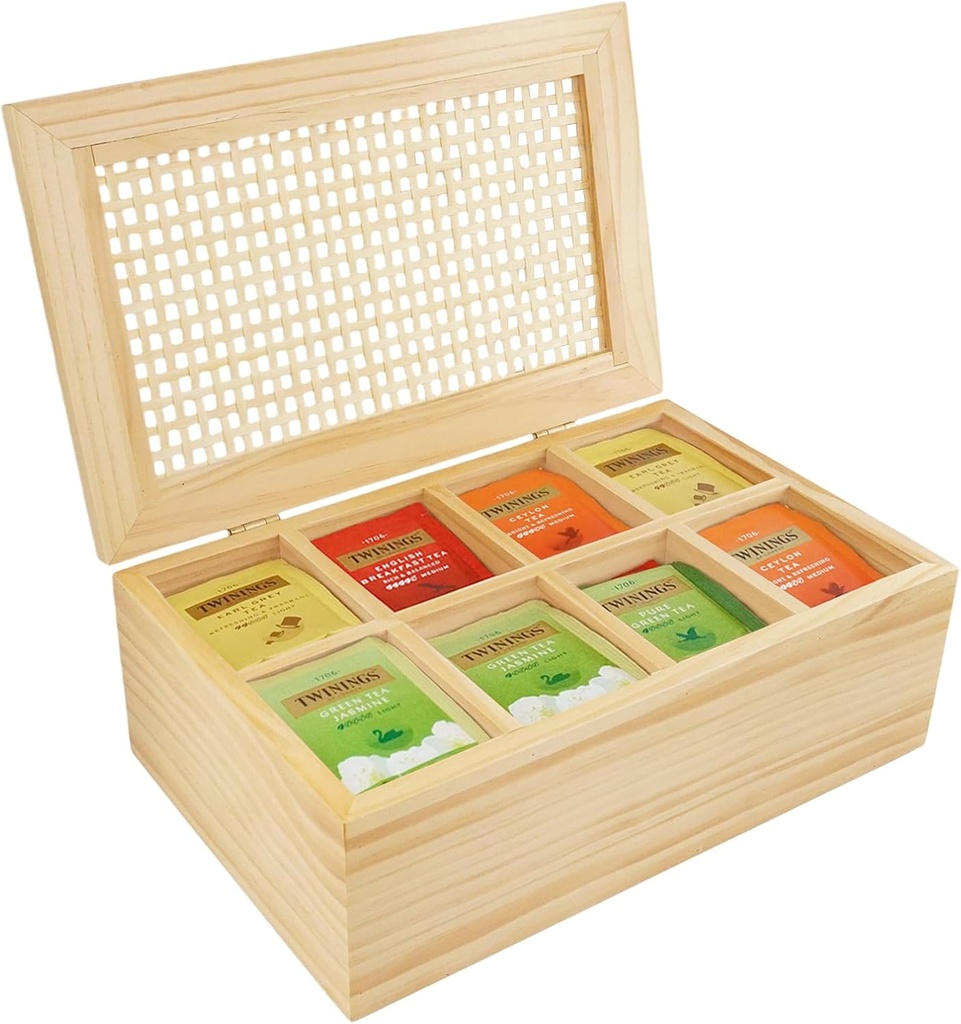 JJSQ Wooden Tea Bag Organizer Box with Lid, 8 Compartment Tea Storage Chest, Tea Caddy Holder Organizer for Countertop, Tea Station and Tea Accessories (Natural)