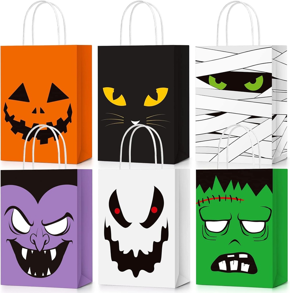 TaoBary 24 Pcs Halloween Treat Bags with Handles - Paper Gift Bags for Kids Halloween Party Favors & Supplies (Vivid Style)