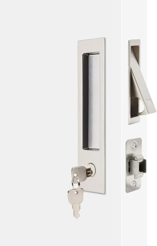 Dontay 2 Pack Pocket Door Handle with Lock and Edge Pull, Narrow Modern Rectangular Keyed Entry Function, Recessed Sliding Door Hardware for 1 3/8” to 2 3/16” Thickness Door (2, Brushed Nickel)