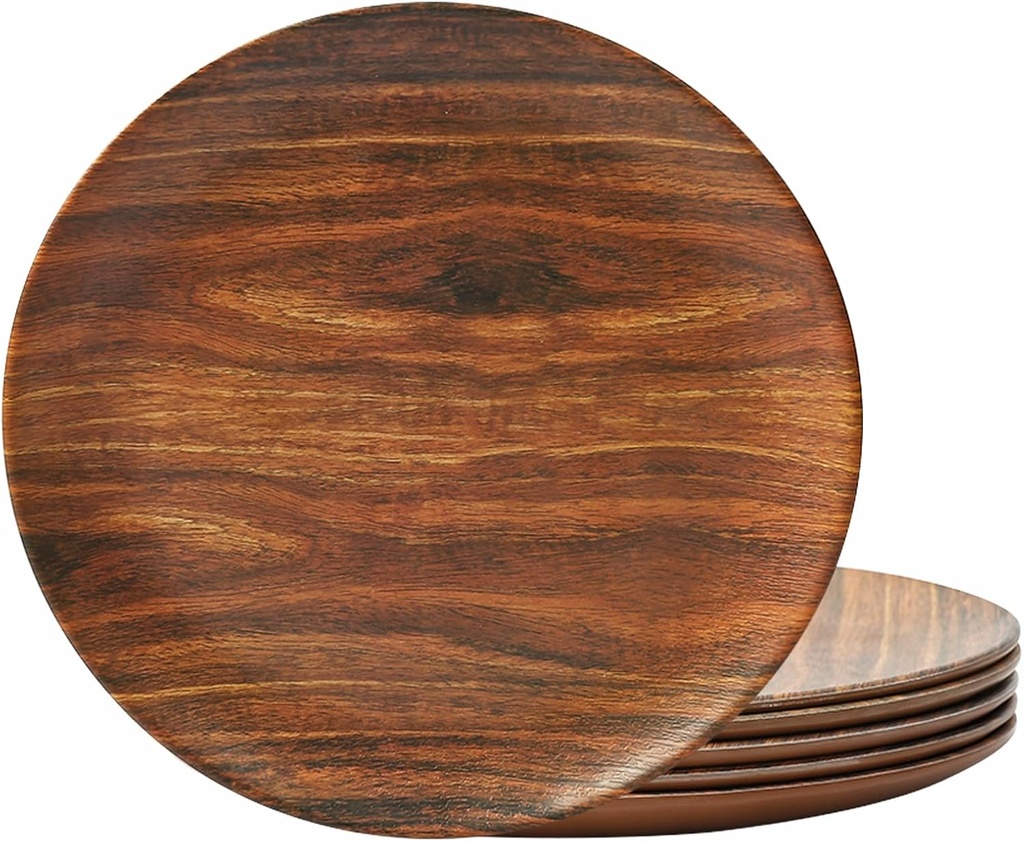 TP 8.5" Melamine Dinner Plates, 6-piece Plate Set Unbreakable Serving Dishes for Indoor and Outdoor, Service for 6, Rosewood Grain