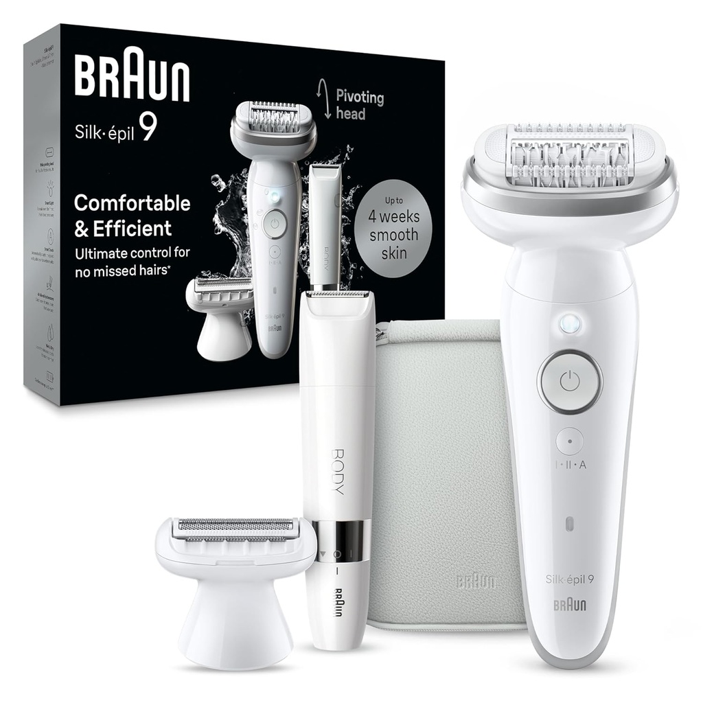 Braun Silk-épil 9 Epilator, Pivoting Head, Wet and Dry, Includes Body Trimmer, Shaver Head and Trimmer Comb, SES9-441, Holiday Gifts for Women
