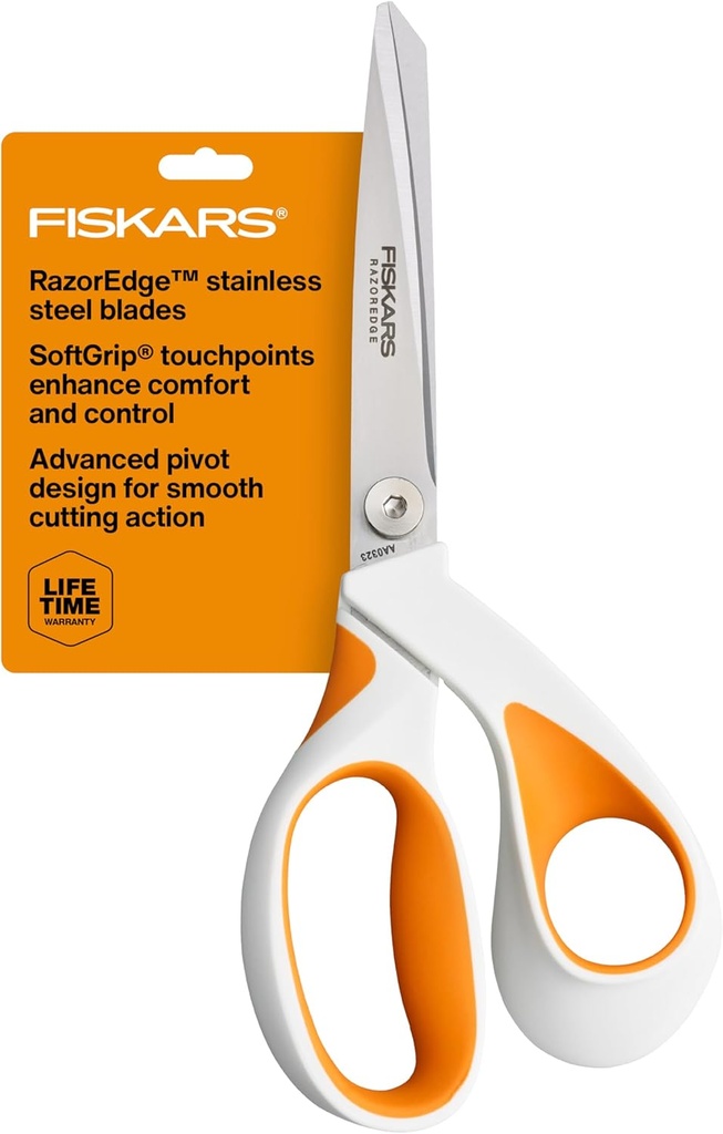 Fiskars RazorEdge Fabric Scissors, Heavy Duty Fabric Shears, Ultra-Sharp Stainless Steel Blades & SoftGrip Ergonomic Handle, 8”, White/Orange