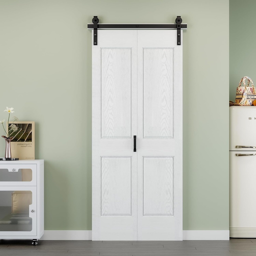 4 Panels Bifold Barn Door, 36" Track Kit for 2 Closet Doors, Pre-Assembled Panel Bi fold Barn Door for Pantry, Primed White Finish with Water-Resistant and Scratch-Resistant, Paintable, 32" x 84"