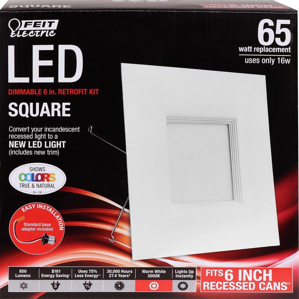 Feit Electric 6 inch LED Recessed Square Flat Panel Downlight, 65W Equivalent, Dimmable, Pre-Mounted Trim, Retrofit Kit, 3000K Warm White, 90+ CRI, 850 Lumens, 30,000-Hour Lifetime, LEDRSQ6/930
