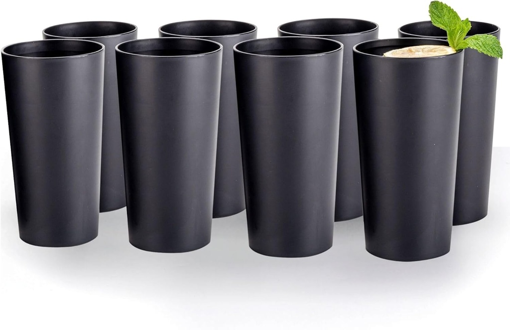26oz Stackable Plastic Water Tumblers (Set of 8), Shatter-Proof Plastic Cups, Reusable Plastic Drinking Glasses, BPA-Free, Dishwasher-Safe, Heat-Resistant, Microwave-Safe (Black)