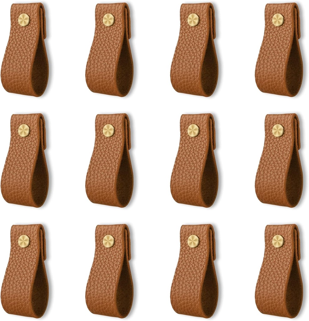 12 Pack Leather Drawer Pulls, Handmade Leather Pulls Handles, Leather knobs Cabinet Hardware Drawer pulls for Dresser Cabinet Drawer Doors and Closet（Brown）