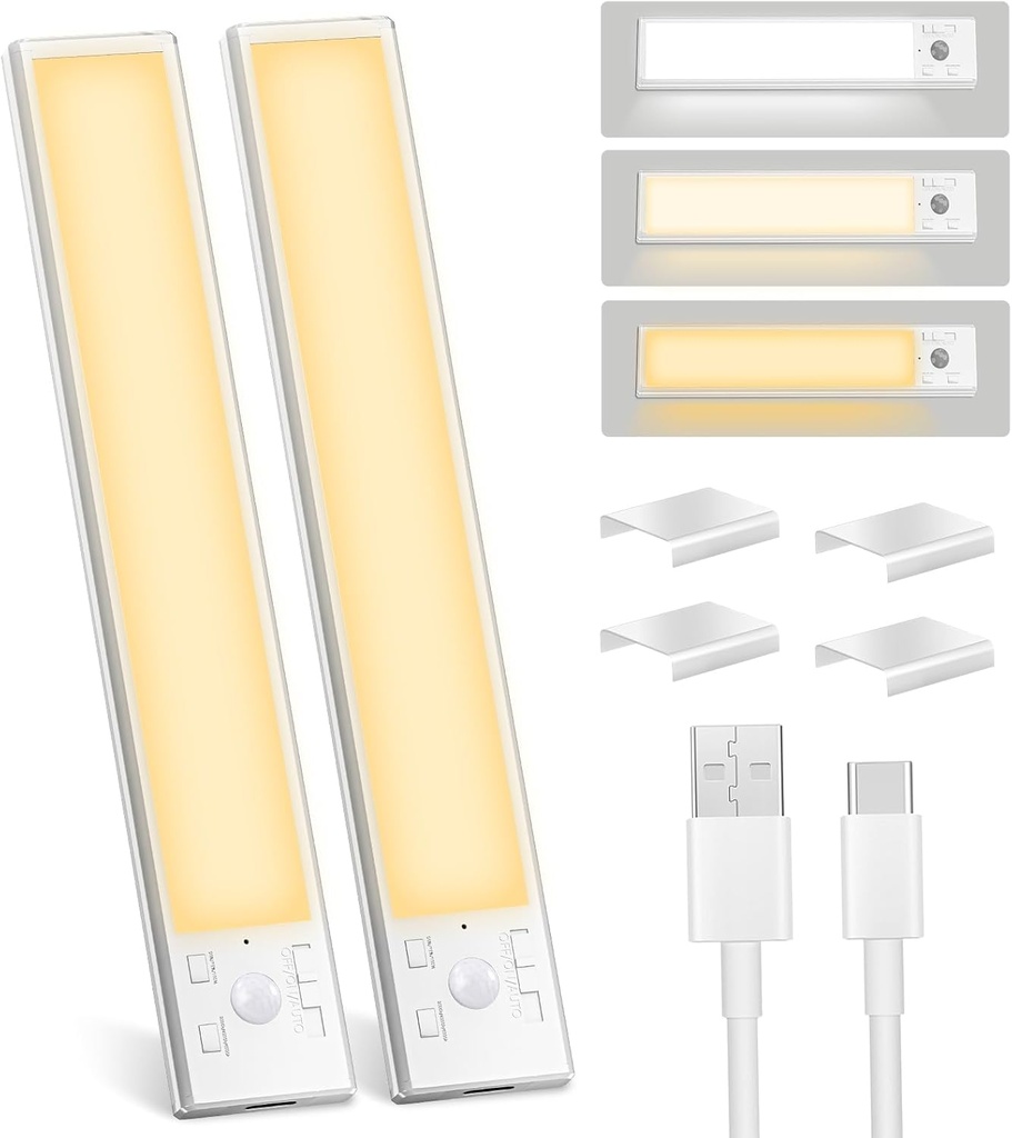Under Cabinet Lights 2 Pack 8 inch Rechargeable Battery Operated Motion Sensor Light Indoor USB Charging Closet Lights Battery Operated with 3 Color Temps for Kitchen, Stairs, Home