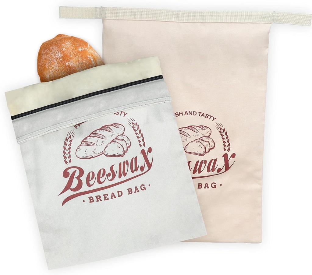 2 Pack Beeswax Bread Bags for Homemade Bread, Large Linen Reusable Bags with Zipper Eco-Friendly Food Storage for Sourdough, Sandwich, Baguette