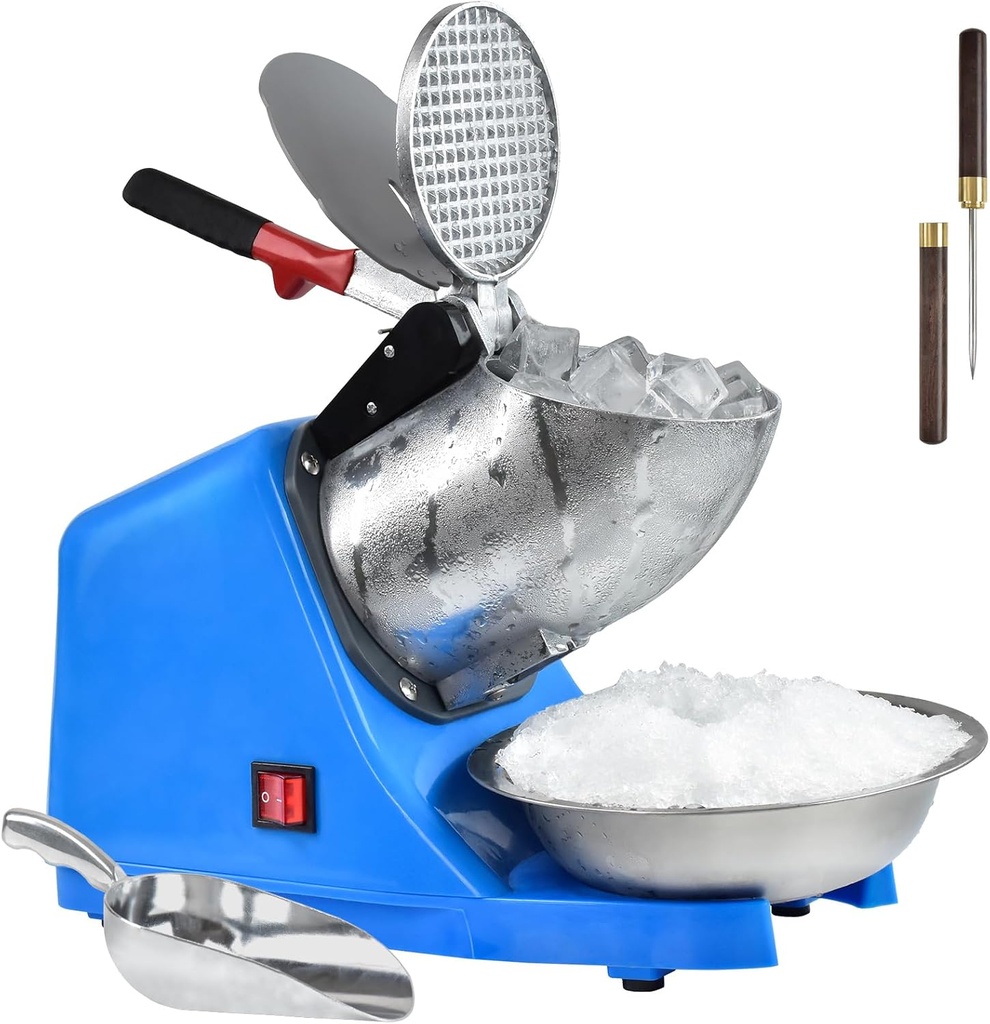 Electric Shaved Ice Machine,with Ice Pick and Scoop,3 Blades of Electric Snow Cone Machine(300W 2200r/min),Splash Proof Ice Shaver Machine,Ice Crusher Machine for Home Commercial Use (Blue)