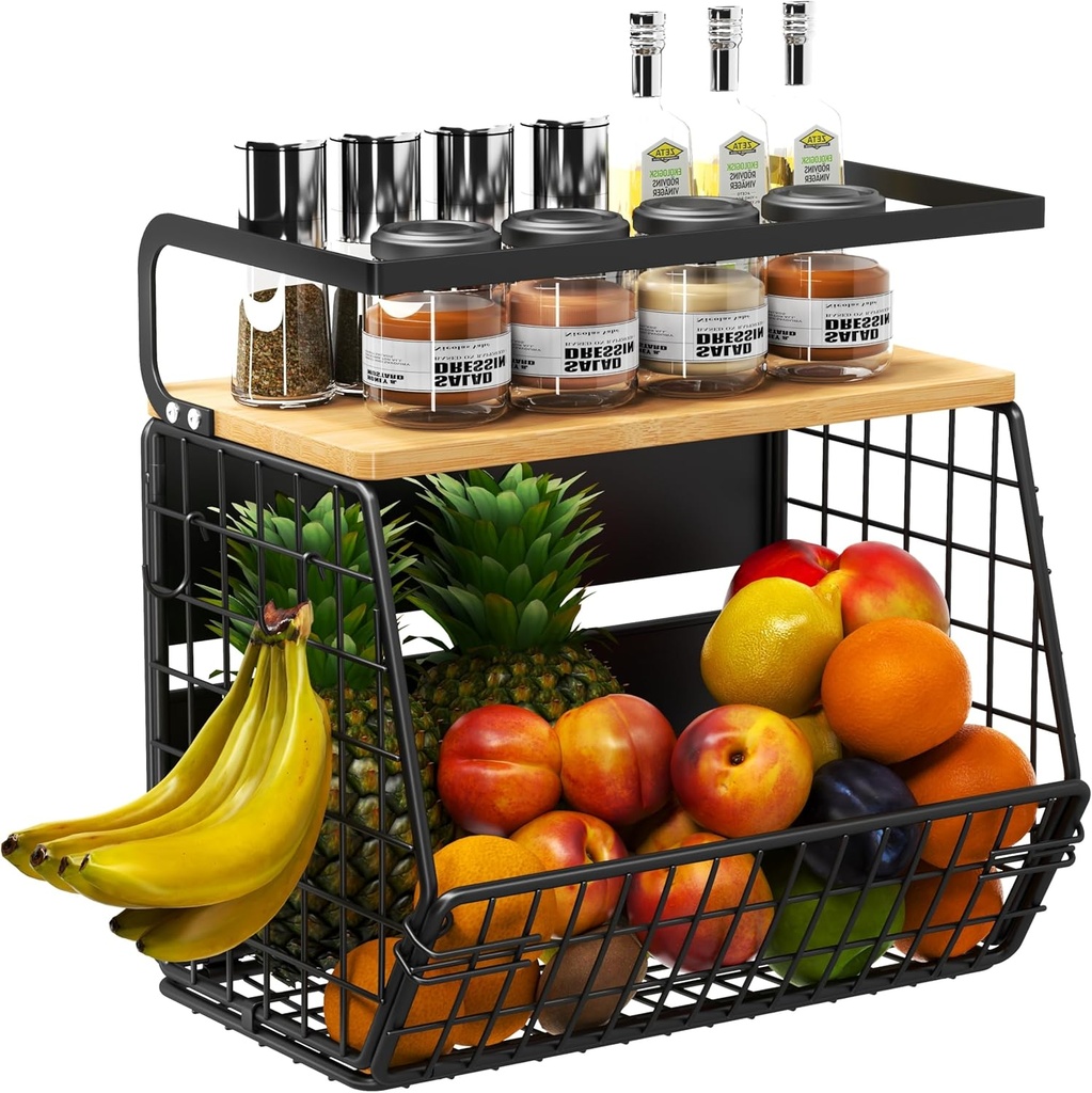 Magnetic Shelf for Fridge with Bamboo Lid,Fruit Vegetable Potato and Onion Wire Basket, Refrigerator Magnetic Spice Rack for Countertops, Cabinets, Laundry Rooms and RVs (Black, 1 Pack)