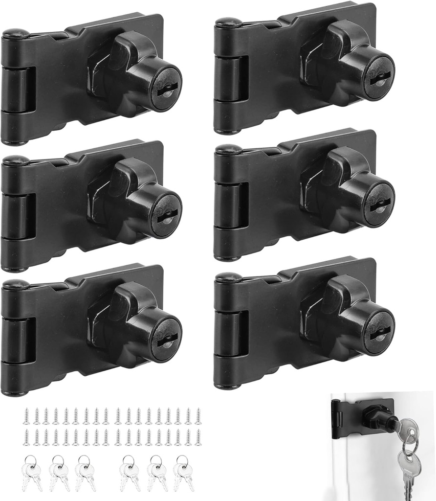 6 Packs 2.5 Inch Keyed Hasp Locks Black, Cabinet Door Locks with Key, Twist Knob Keyed Locking Hasp Heavy Duty for Small Door