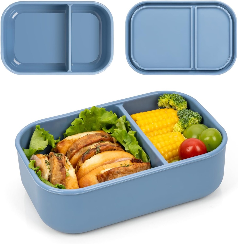 100% Silicone Bento Box Adult with 2 Compartments, 32oz, Reusable Divided Lunch Box Meal Prep Containers for Entree and Side Food Snack Storage, BPA-Free Plastic-Free, Microwave Dishwasher safe, Blue