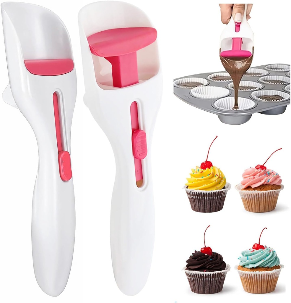 2 Pack Cupcake Scoop Batter Dispenser for Cupcakes, Muffins, Cookie Dough & Pancakes - BPA-Free, One-Touch Slide, Dishwasher Safe - Cake Cream Spatulas for Elegant Baking, Pastry & Decorating, Pink