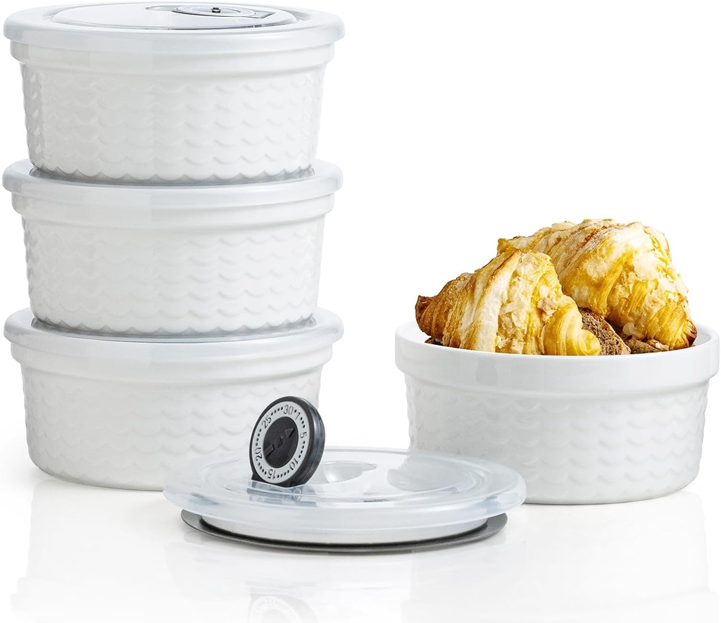 Ceramic Ramekins with Lids Oven Safe Set of 4, Baking Bowls for Dessert, Food Storage Bowls with Airtight Lids, Meal Prep Containers, Lunch Office Meal for Microwave and Freezer, White Ripple