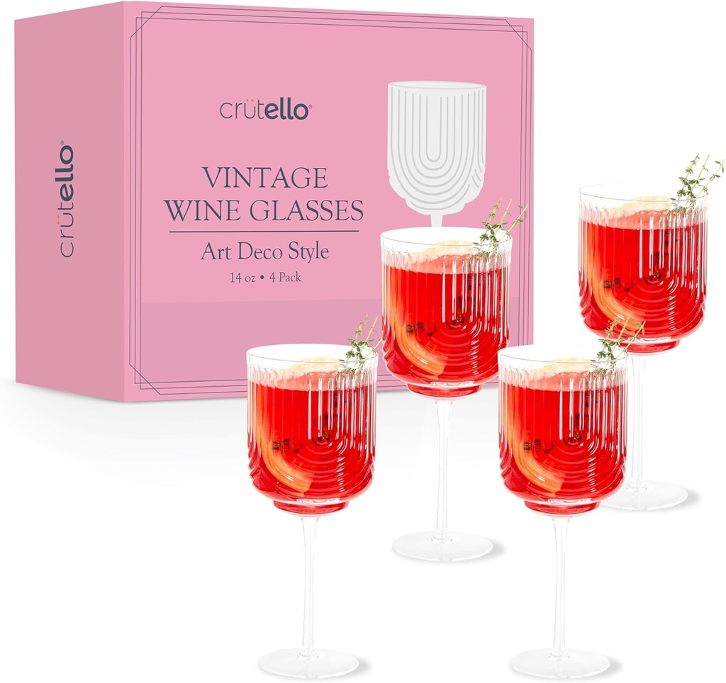Crutello Vintage Wine Glasses Set of 4-14 oz Glass Sets - Fancy Unique Art Deco Glassware - Long Stemmed Fun Drinking Glasses for Red and White Wine, Cute Cocktail, or Fun Mocktails