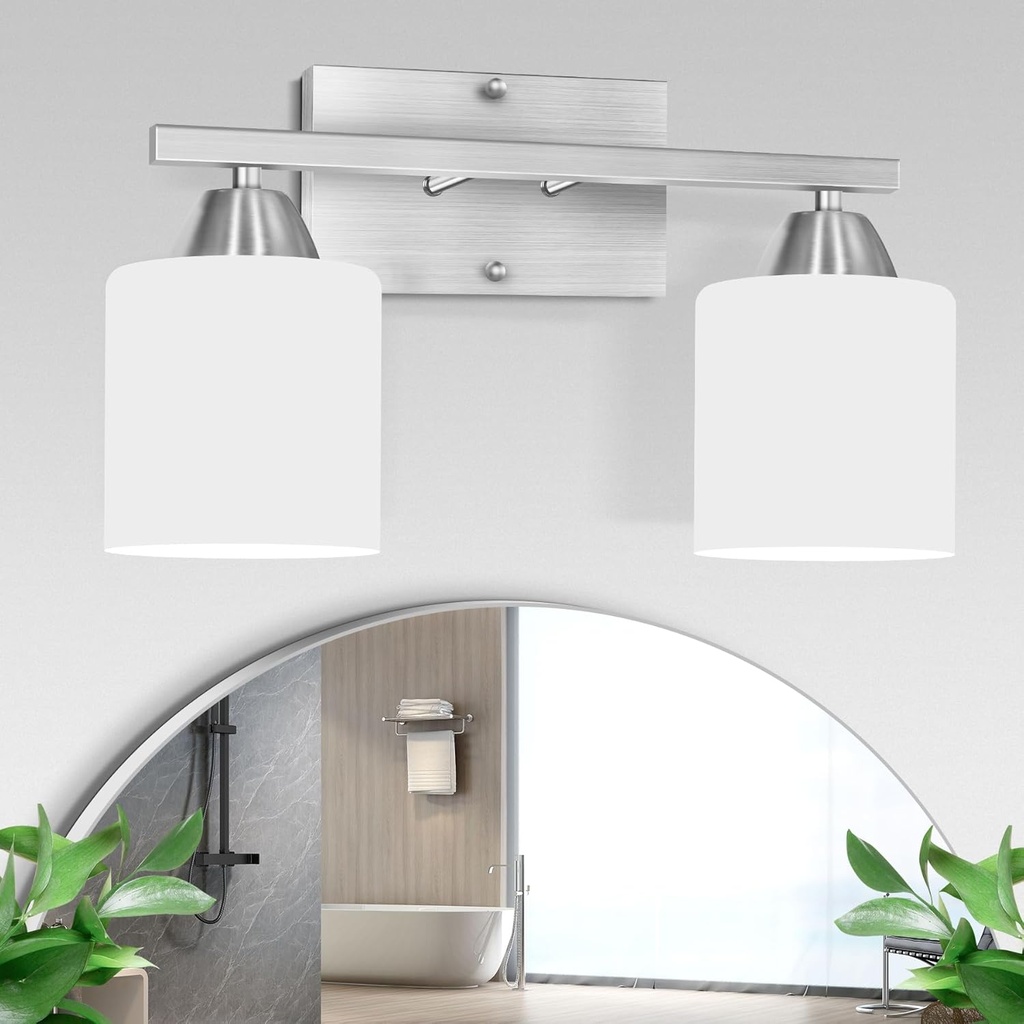 2-Light Bathroom Vanity Lights Over Mirror, Brushed Nickel Vanity Wall Sconce Lighting for Bedroom, Modern Bathroom Light Fixtures with Milky White Glass Shade, E26 Base, Bulbs Not Included