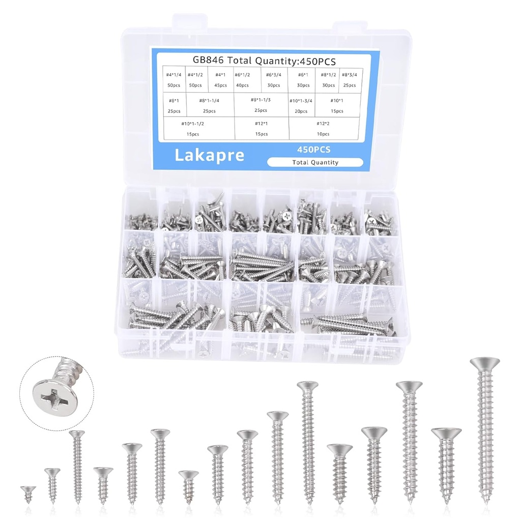 Lkapre 450Pcs 304 Stainless Steel Wood Screws#4#6#8#10#12 Phillips Flat Head Self-Tapping ScrewsCombination Kit Rust-Proof for Furniture Assembly, Woodworking, Home Repairs,etc