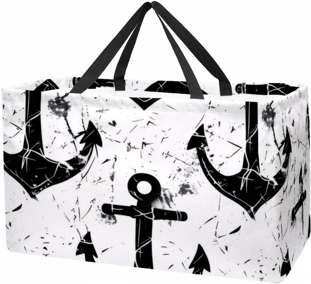 Reusable Grocery Bag Heavy Duty Shopping Tote Bag Foldable with Reinforced Handle, Nautical Theme Black and White Anchor