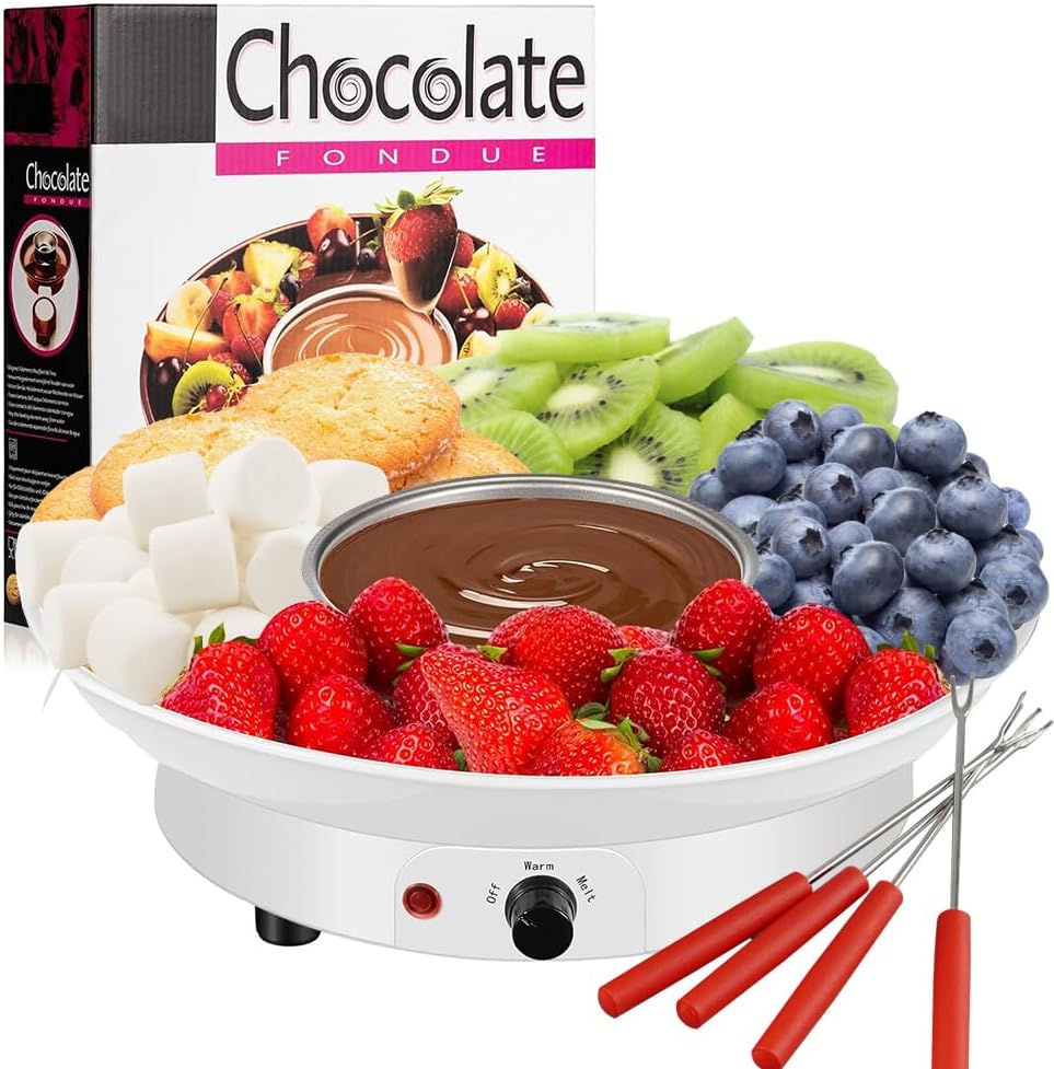 Chocolate Fondue Maker - 110V Electric Chocolate Melting Fondue Pot Set with 4 Steel Forks, Stainless Steel Bowl, Serving Tray, Upgraded Heating Material for Melting