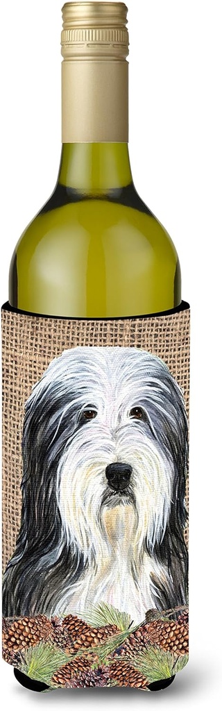 Bearded Collie on Faux Burlap with Pine Cones Wine Bottle Beverage Insulator Beverage Insulator Hugger