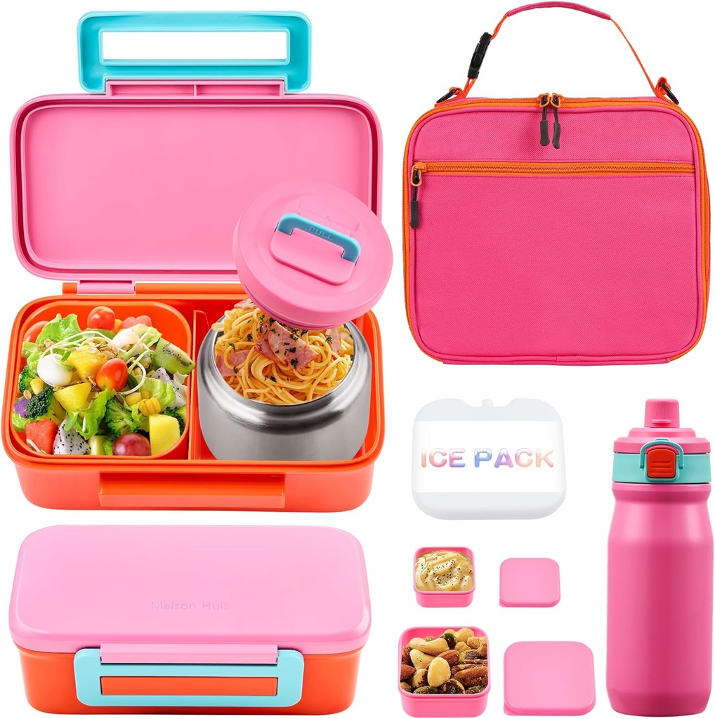 MAISON HUIS Bento Box for Kids with 8oz Soup Thermo, Insulated Lunch Bag & 17oz Water Bottle, 2-Compartment Bento Box with Built-In Ice Pack, Leak-Proof & BPA-Free (Pink)