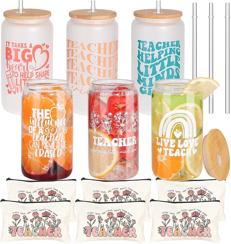 Teacher Appreciation Gifts for Women,Thank You Teacher Gifts Bulk,16 Oz Glass Cups Gift for Teachers Set of 6