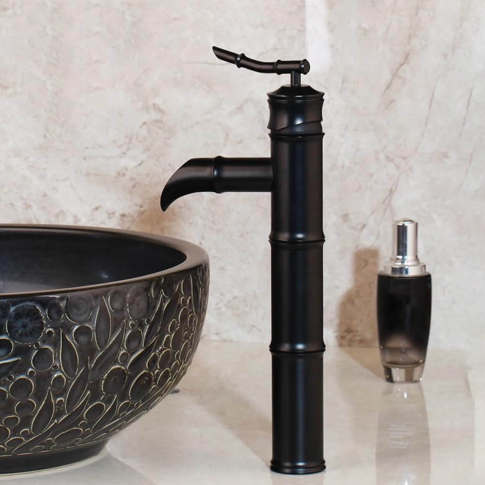 Basin Faucet Black Basin Faucet, Waterfall Bamboo Style Deck Mounted Bathroom Sink Faucets Mixer Tap
