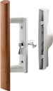 9" Sliding Patio Glass Door Handle Set with 3-1/2 in. Hole Spacing, White Diecast with Wood Handle, Hook Style, Internal Lock