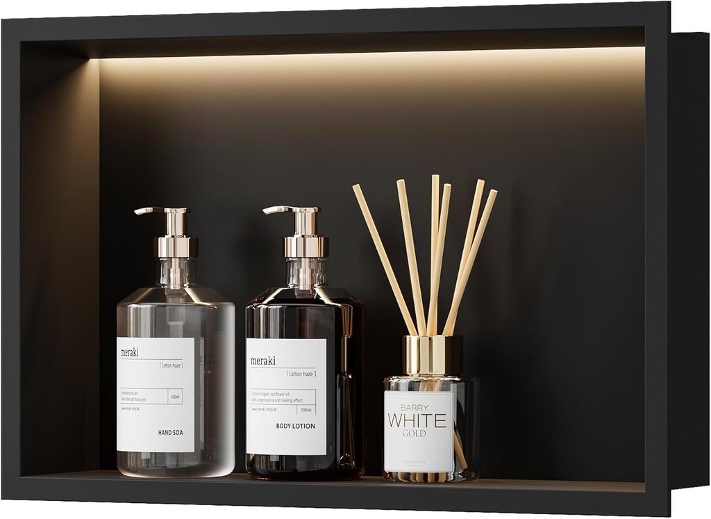 Stainless Steel Shower Niche 18" X 12", No Tile Needed Wall Niche with Non-Dimmable Led Light, Recessed Shower Niche Lighting for Bathroom Storage Over Mount Installation, Matte Black