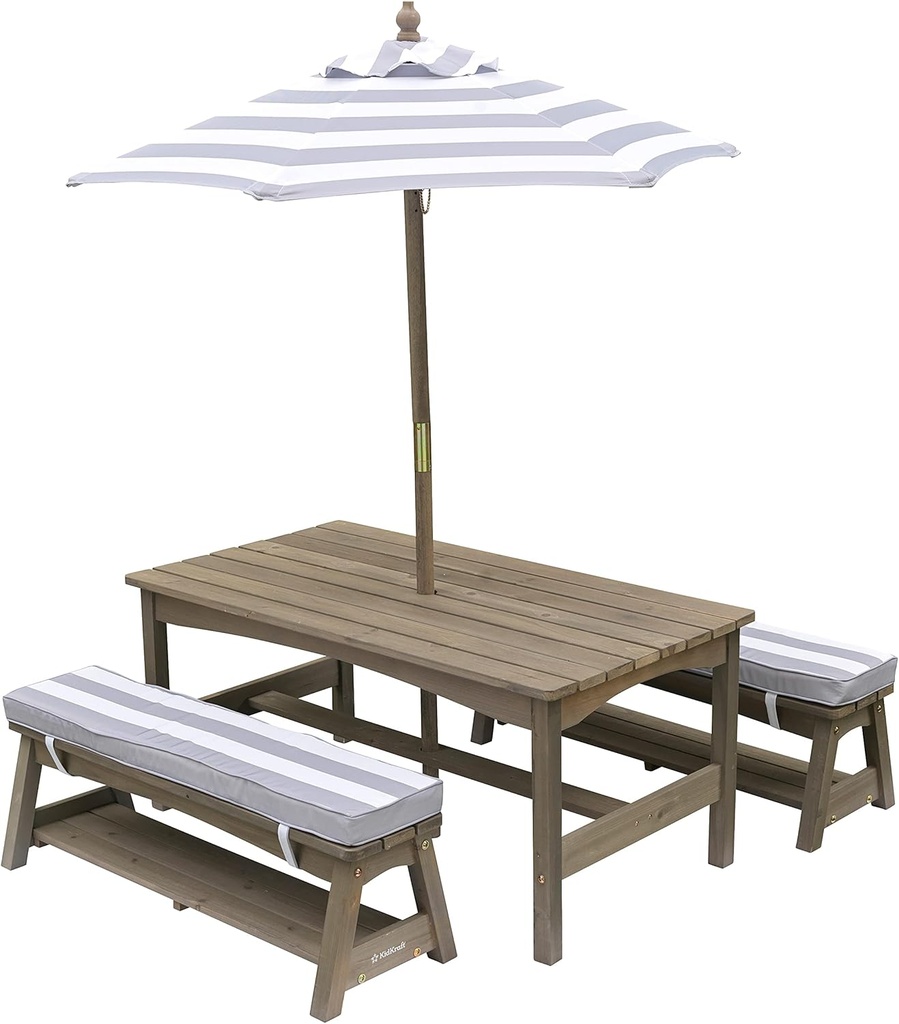 KidKraft Outdoor Wooden Table & Bench Set with Cushions and Umbrella, Kids Backyard Furniture, Gray and White Stripes