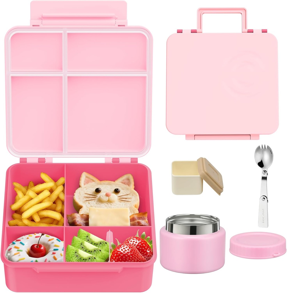Lunch Box Kids with 5 Compartments, Insulated Food Jar & Utensils, Leak Proof Bento Box with Sauce Container, BPA-Free & Dishwasher Safe, Circle Design(Pink)