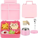 Lunch Box Kids with 5 Compartments, Insulated Food Jar & Utensils, Leak Proof Bento Box with Sauce Container, BPA-Free & Dishwasher Safe, Circle Design(Pink)