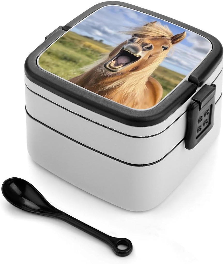 Horse Laughing Stackable Bento Box for Adults Double Layer Lunch Boxes Set with Spoon And Invisible Handle