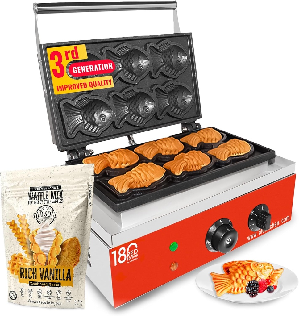 ALDKitchen Taiyaki Fish Waffle Maker | Fish-Shaped Waffle Iron | Stainless Steel | Nonstick | 110V (6 Small Fish)