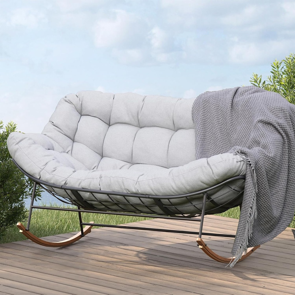 Grand patio Rocking Chair Outdoor, Oversized Papasan Rocking Chair for 2 with E-Coated Steel Frame and Thick Cushion, Comfy Loveseat Rocker for Patio Porch Deck, Grey