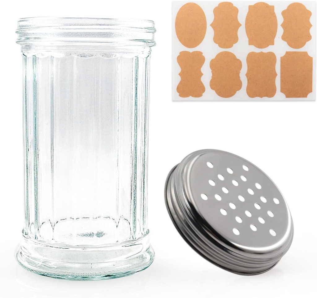 12 oz Retro Style Glass Sugar Shakers Dispenser, Glass Jar, Sugar Shaker, Stainless Steel Pour-Flap Lid, For Sugar/Cinnamon/Bee Pollen/pepper and other spices (Perforated Lid-1pc)